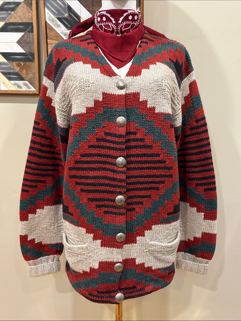 Vintage Ralph Lauren Country 90s Southwestern Hand Knit Silver Concho Cardigan